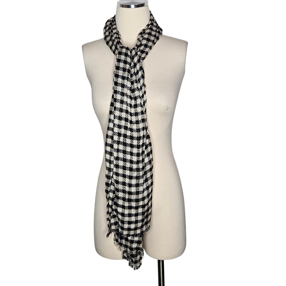 J.Crew Womens Black Cream Houndstooth Oversized Scarf Wrap Eyelash Fringe Shawl